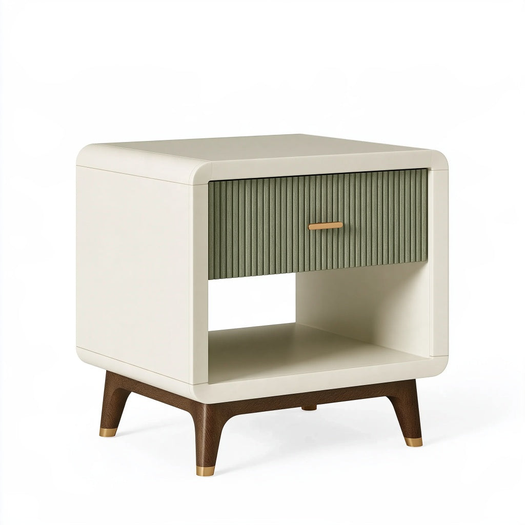 Nachttisch 50 x 40 x 55 cm aus Holzwerkstoff Cremegrün mit Schublade im Mid-Century-Stil