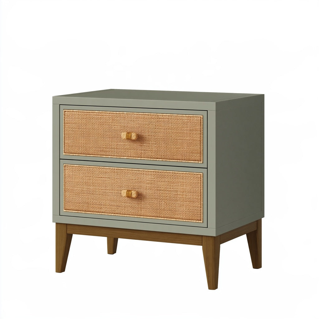 Nachttisch 50 x 40 x 60 cm Holz Rattan Grün mit 2 Schubladen