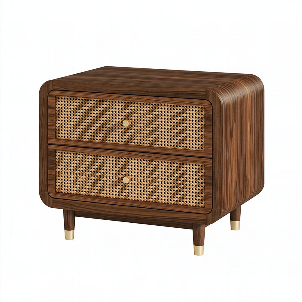 Nachttisch 60 x 40 x 60 cm aus Holz und Rattan in Walnussbraun - zwei Schubladen im Retro-Stil