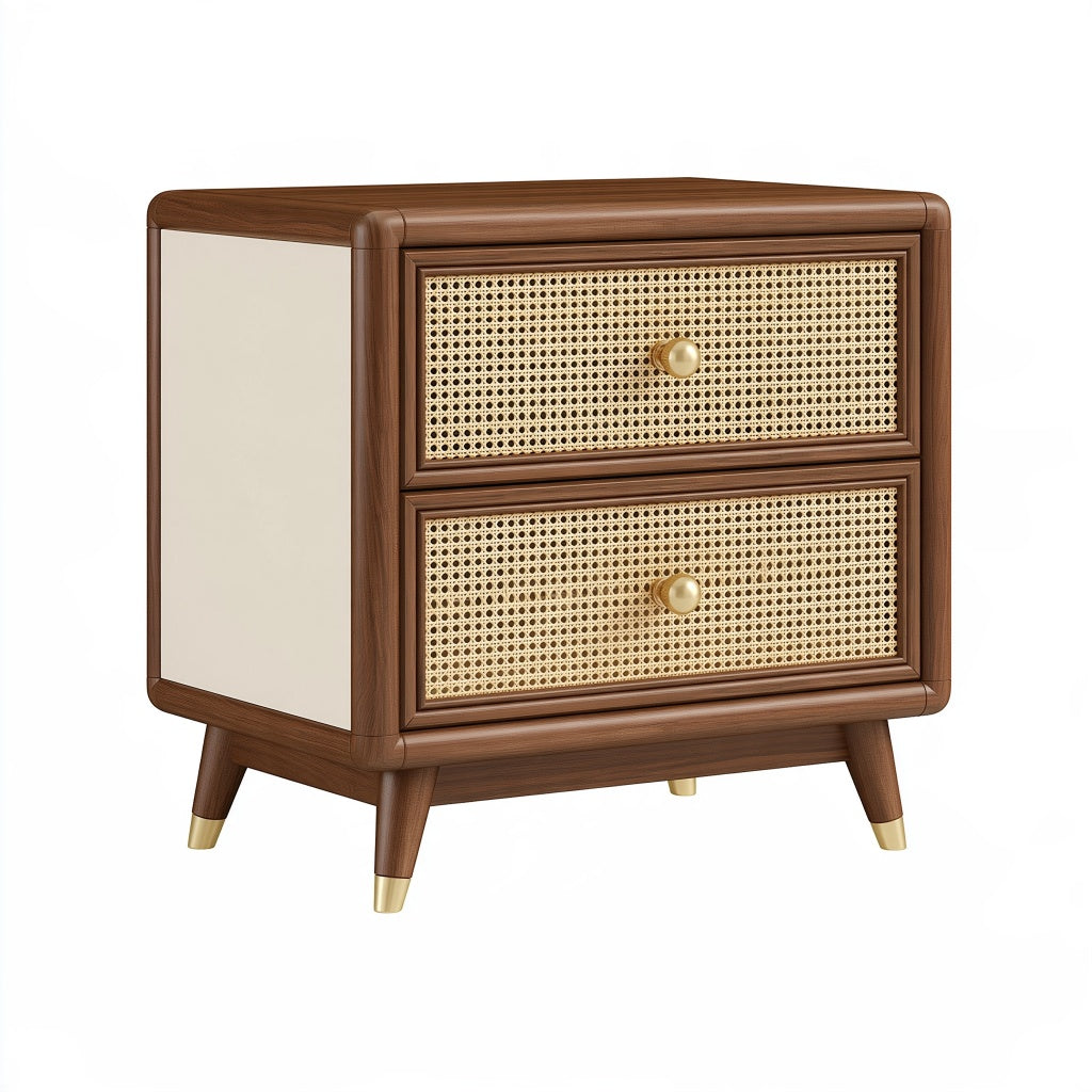 Nachttisch 50 x 40 x 60 cm Holzwerkstoff Walnussfarben mit Rattangeflecht für Schlafzimmer Retro-Stil