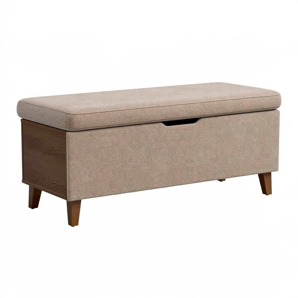 Aufbewahrungssitzbank 100 x 40 x 45 cm Stoff Holz Beige Braun mit Klappdeckel