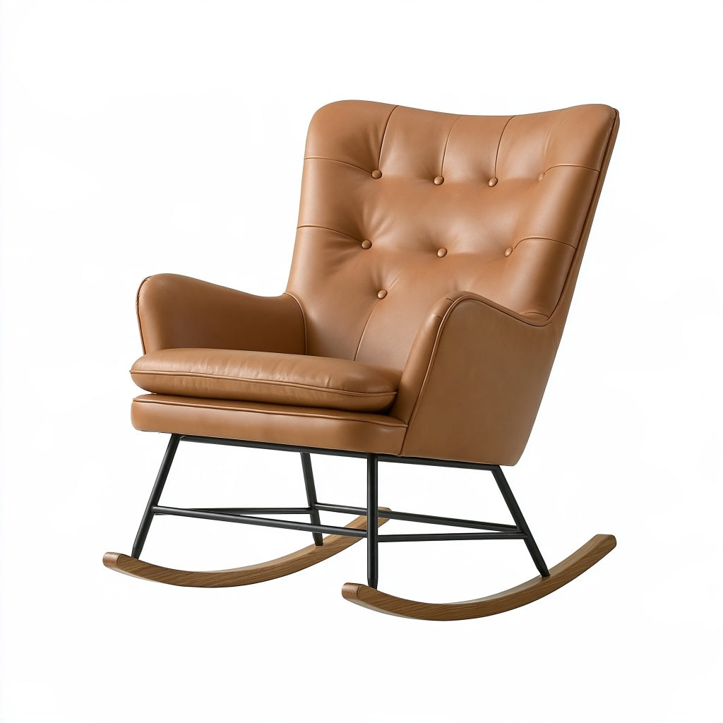 Schaukelstuhl 90 x 82 x 105 cm aus Kunstleder Braun mit Holzkufen im Mid Century Stil