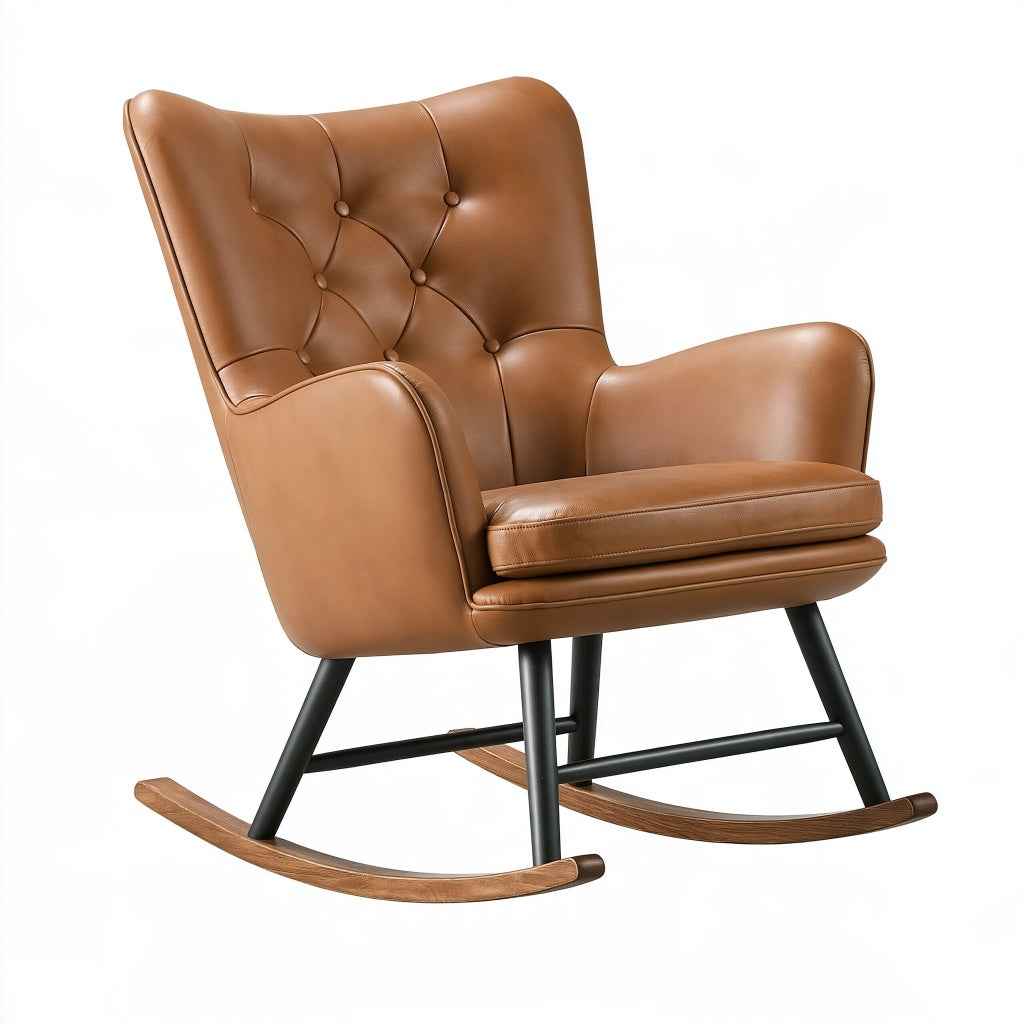 Schaukelstuhl 75 x 95 x 105 cm aus Kunstleder in Cognac mit Holzkufen im Retro-Stil