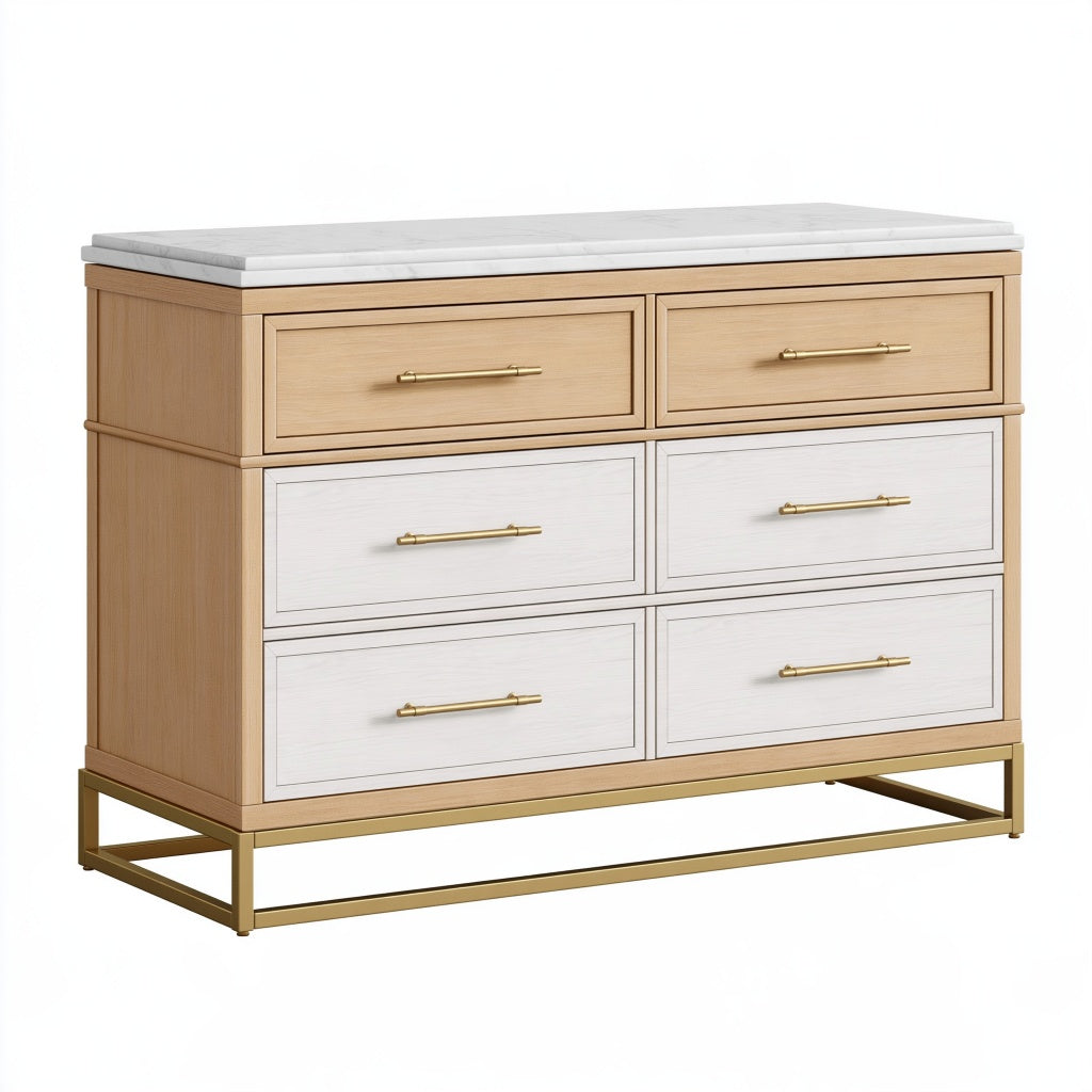 Kommode 140 cm Holzwerkstoff Beige Weiß Gold mit 6 Schubladen und Steinoptikplatte