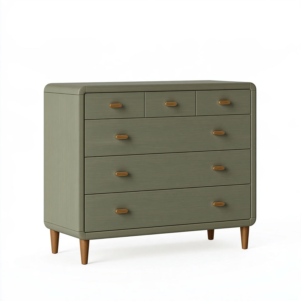 Kommode 120 x 45 x 100 cm aus Holz in Olivgrün mit 6 Schubladen im Retro-Stil