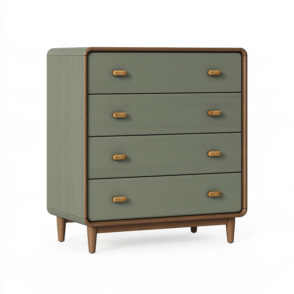 Kommode 90 x 45 x 110 cm aus Holz in Salbeigrün mit vier Schubladen im Mid-Century-Stil