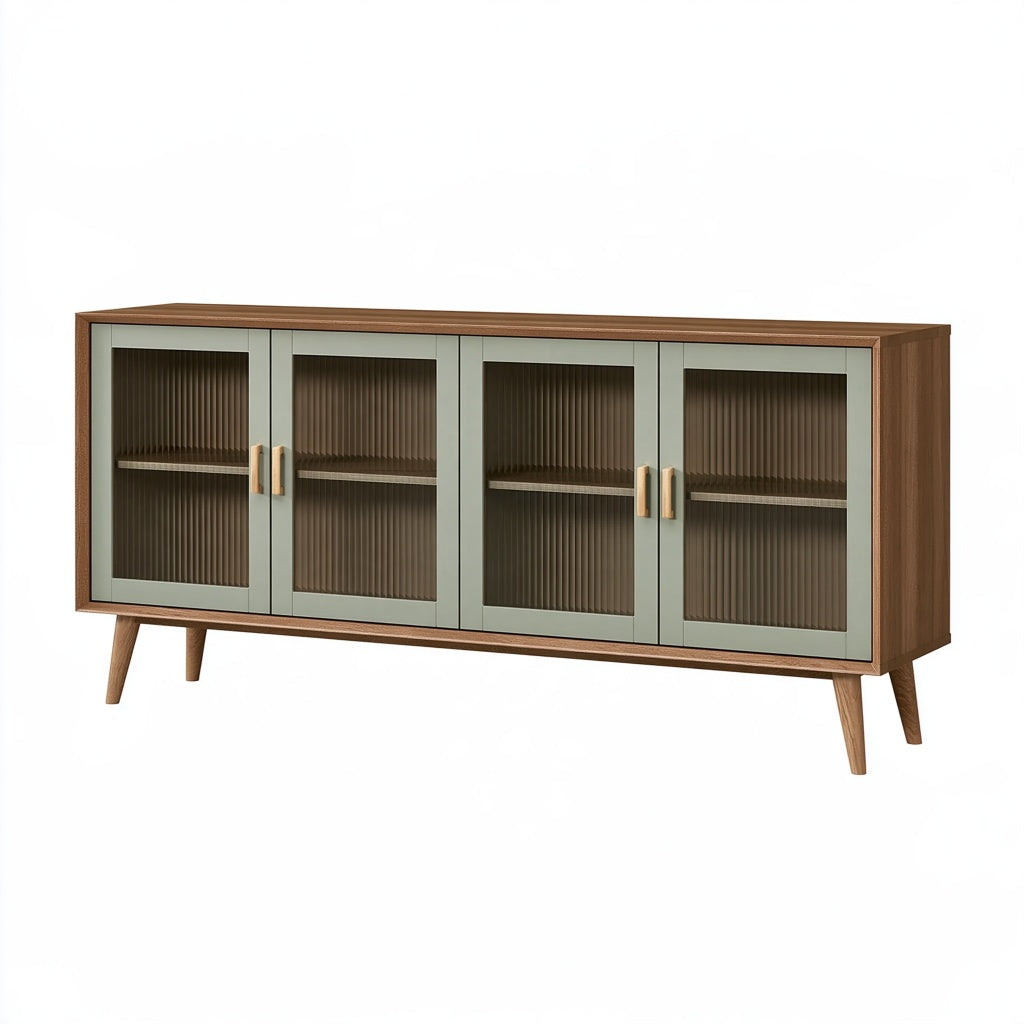 Sideboard 180 x 40 x 85 cm aus Holzwerkstoff in Braun/Grün mit Riffelglas und 4 Türen