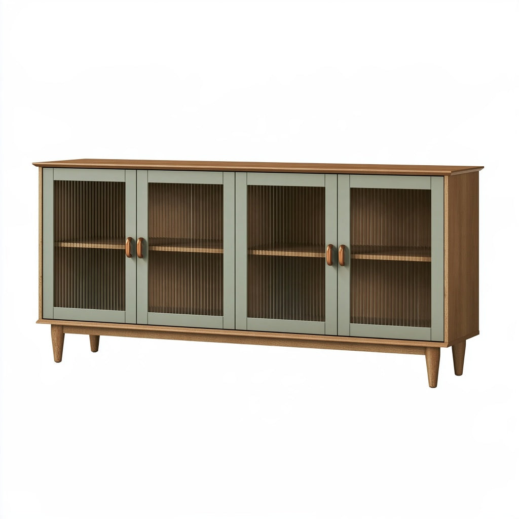 Sideboard 160 x 40 x 80 cm in Grün und Braun mit Riffelglas im Mid-Century-Stil