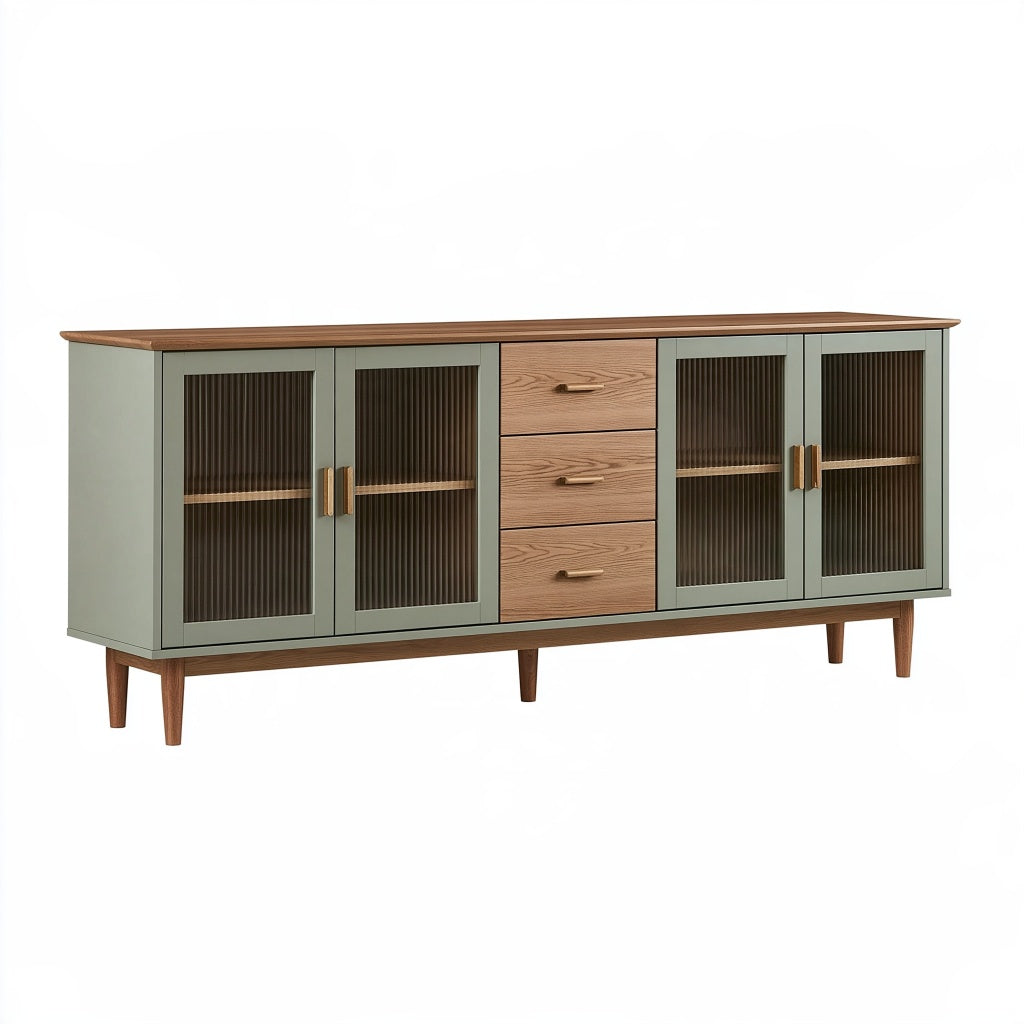 Sideboard 180 x 40 x 80 cm aus Holz und Riffelglas in Grün/Braun - Mid-Century Stauraummöbel mit 4 Türen und 3 Schubladen
